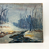 Moody Old Blue Winter Landscape Painting on Academy Board