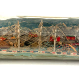 Early 20th Century Folk Art Ship in Mohan Meakin Bottle with Bridge, Houses and (Real) Rocky Shore