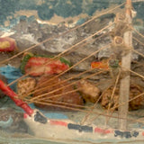 Early 20th Century Folk Art Ship in Mohan Meakin Bottle with Bridge, Houses and (Real) Rocky Shore