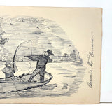 Bennie to Emma, Later 19th Century Ink Drawing of Hunter and Fisherman in Boat
