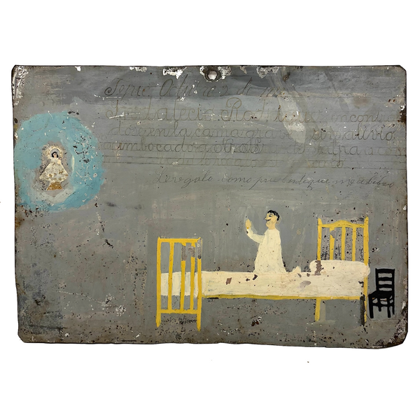 Yellow Bed, Black Chair, Man in White, Beautifully Naive 1912 Mexican Folk Art Retablo