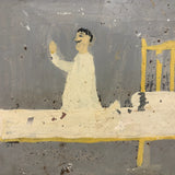 Yellow Bed, Black Chair, Man in White, Beautifully Naive 1912 Mexican Folk Art Retablo