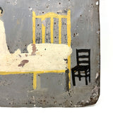 Yellow Bed, Black Chair, Man in White, Beautifully Naive 1912 Mexican Folk Art Retablo