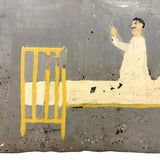 Yellow Bed, Black Chair, Man in White, Beautifully Naive 1912 Mexican Folk Art Retablo