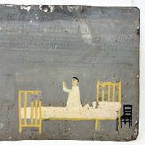 Yellow Bed, Black Chair, Man in White, Beautifully Naive 1912 Mexican Folk Art Retablo
