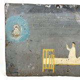 Yellow Bed, Black Chair, Man in White, Beautifully Naive 1912 Mexican Folk Art Retablo