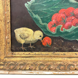 Chicks Eating Strawberries, Antique Folk Art Oil on Board, Original Frame