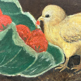 Chicks Eating Strawberries, Antique Folk Art Oil on Board, Original Frame