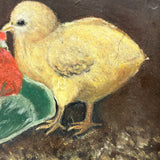 Chicks Eating Strawberries, Antique Folk Art Oil on Board, Original Frame