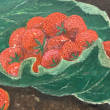 Chicks Eating Strawberries, Antique Folk Art Oil on Board, Original Frame