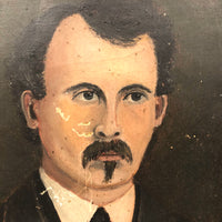 Small Antique Folk Art Portrait Painting of Poe-esque Man in Black