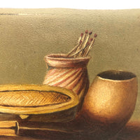Little Gem of an Antique Oil Painting: Pipe with Matches and Ashtray