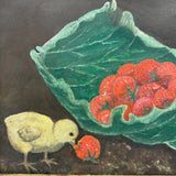Chicks Eating Strawberries, Antique Folk Art Oil on Board, Original Frame