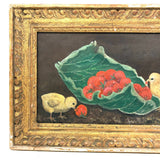 Chicks Eating Strawberries, Antique Folk Art Oil on Board, Original Frame