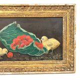Chicks Eating Strawberries, Antique Folk Art Oil on Board, Original Frame
