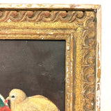 Chicks Eating Strawberries, Antique Folk Art Oil on Board, Original Frame