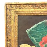 Chicks Eating Strawberries, Antique Folk Art Oil on Board, Original Frame