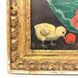 Chicks Eating Strawberries, Antique Folk Art Oil on Board, Original Frame