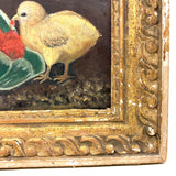 Chicks Eating Strawberries, Antique Folk Art Oil on Board, Original Frame