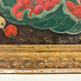 Chicks Eating Strawberries, Antique Folk Art Oil on Board, Original Frame