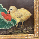 Chicks Eating Strawberries, Antique Folk Art Oil on Board, Original Frame