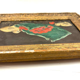 Chicks Eating Strawberries, Antique Folk Art Oil on Board, Original Frame