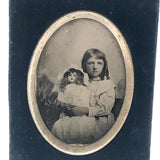 Lovely Girl and Her Lovely Doll, Antique Tintype Under Glass in Blue Velvet Frame