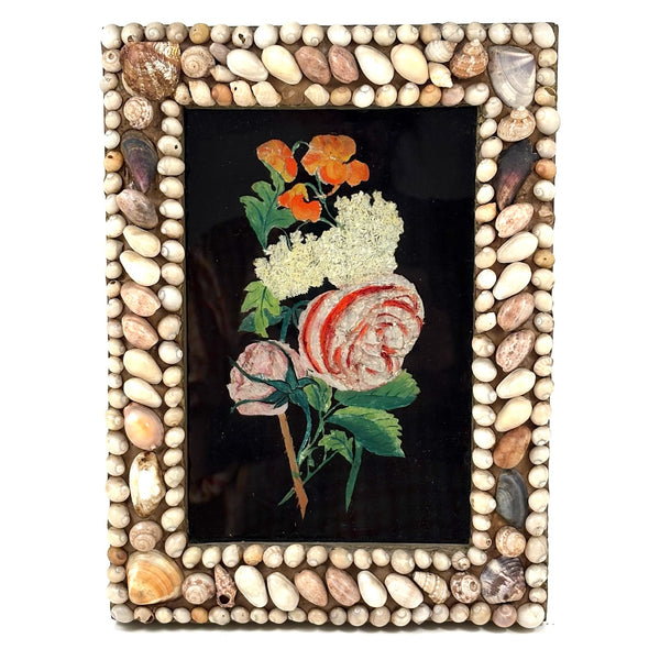 Doubly Lovely: Victorian Tinsel Painting of Flowers in Original Shell Decorated Frame from Bristol, Maine