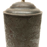 19th c. Embossed Tin Canister with Figures, Animals, Houses and More