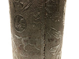 19th c. Embossed Tin Canister with Figures, Animals, Houses and More
