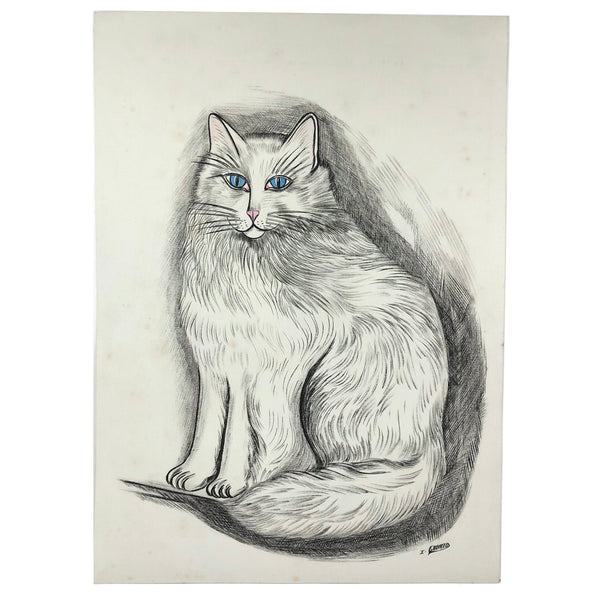 Fluffy and Intense White Cat, 1960 Ink and Watercolor Drawing