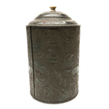 19th c. Embossed Tin Canister with Figures, Animals, Houses and More