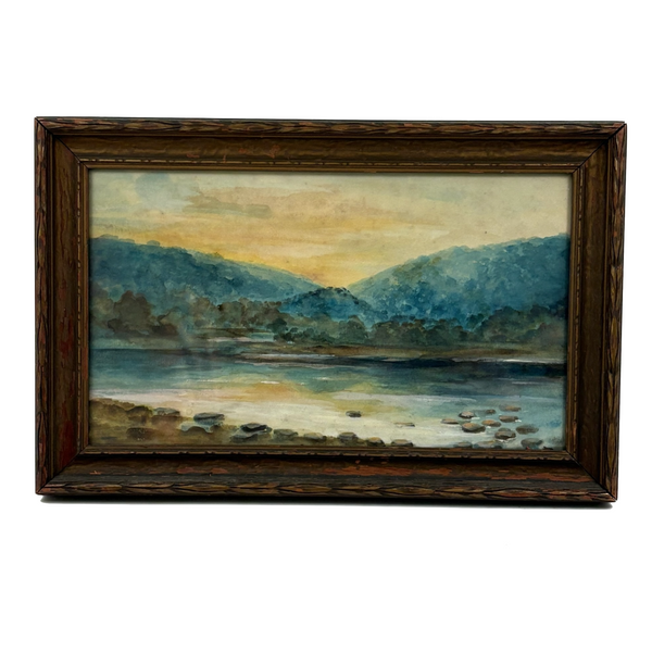 Soft Blue Hills and Radiant Yellow Sky Reflected in Water, Lovely Earlyish 20th C. Watercolor in Original Frame