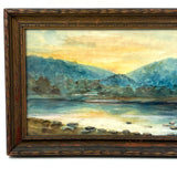 Soft Blue Hills and Radiant Yellow Sky Reflected in Water, Lovely Earlyish 20th C. Watercolor in Original Frame