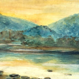 Soft Blue Hills and Radiant Yellow Sky Reflected in Water, Lovely Earlyish 20th C. Watercolor in Original Frame