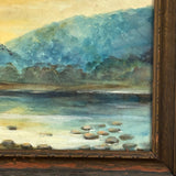 Soft Blue Hills and Radiant Yellow Sky Reflected in Water, Lovely Earlyish 20th C. Watercolor in Original Frame
