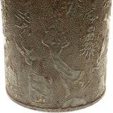 19th c. Embossed Tin Canister with Figures, Animals, Houses and More