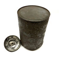 19th c. Embossed Tin Canister with Figures, Animals, Houses and More