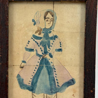 SOLD Young Woman in Blue and Lavender with Bonnet, Small Framed 1830s Ink and Watercolor