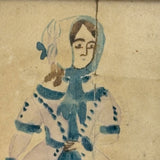 SOLD Young Woman in Blue and Lavender with Bonnet, Small Framed 1830s Ink and Watercolor