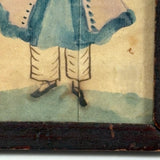 SOLD Young Woman in Blue and Lavender with Bonnet, Small Framed 1830s Ink and Watercolor