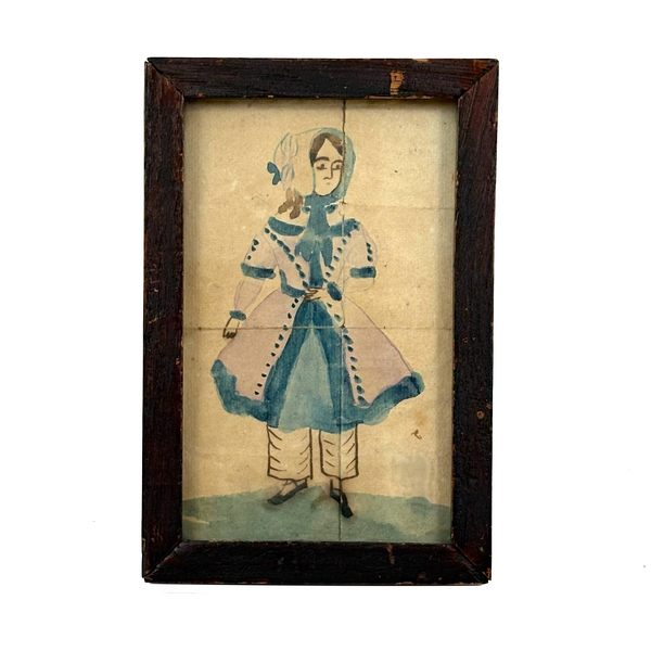 Young Woman in Blue and Lavender with Bonnet, Small Framed 1830s Ink and Watercolor