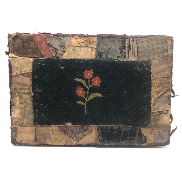 Charming 1889 Wire-Hinged Wooden Box with Hand-sewn, Embroidered Piecework Decoration