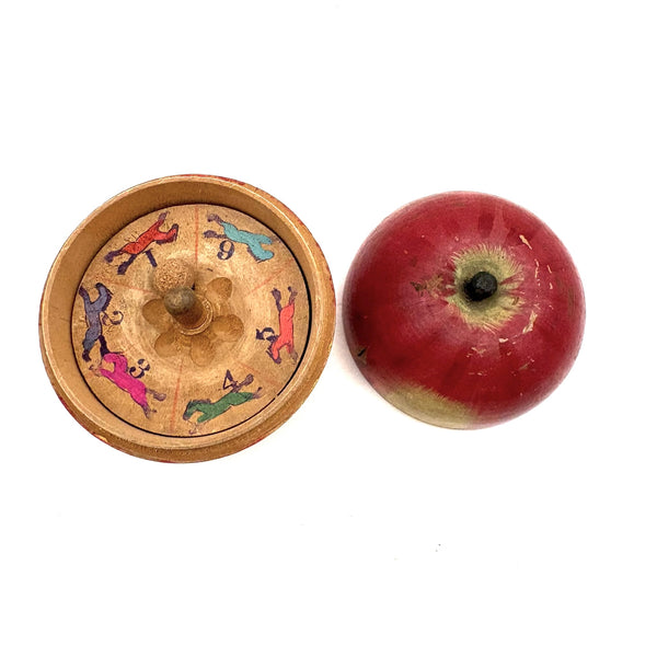 Old Turned Wooden Apple with Horse Roulette Spinner Inside