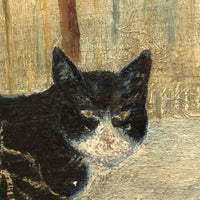 Black and White Cat in Tall Grass, Oil on Board Painting, Framed