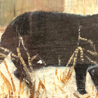 Black and White Cat in Tall Grass, Oil on Board Painting, Framed