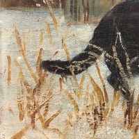 Black and White Cat in Tall Grass, Oil on Board Painting, Framed