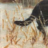 Black and White Cat in Tall Grass, Oil on Board Painting, Framed