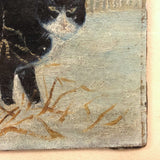 Black and White Cat in Tall Grass, Oil on Board Painting, Framed