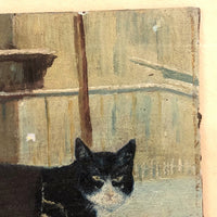 Black and White Cat in Tall Grass, Oil on Board Painting, Framed